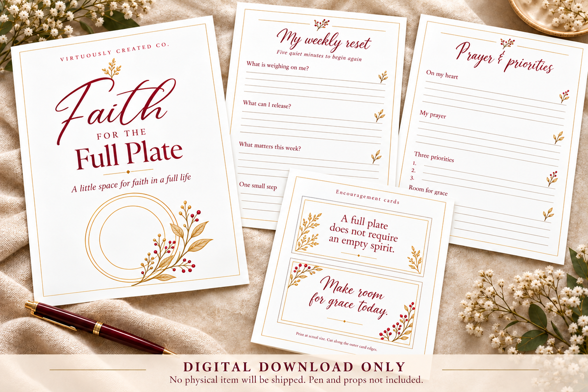 Faith in Five printable reflection set in a styled ivory linen scene with ruby-and-gold pen. Includes cover, weekly reset, prayer and priorities, and two white encouragement cards. Digital download only; props not included.