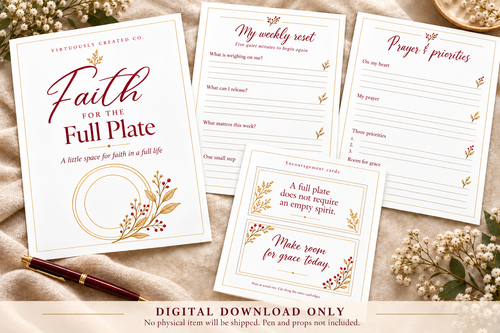 Faith in Five printable reflection set in a styled ivory linen scene with ruby-and-gold pen. Includes cover, weekly reset, prayer and priorities, and two white encouragement cards. Digital download only; props not included.