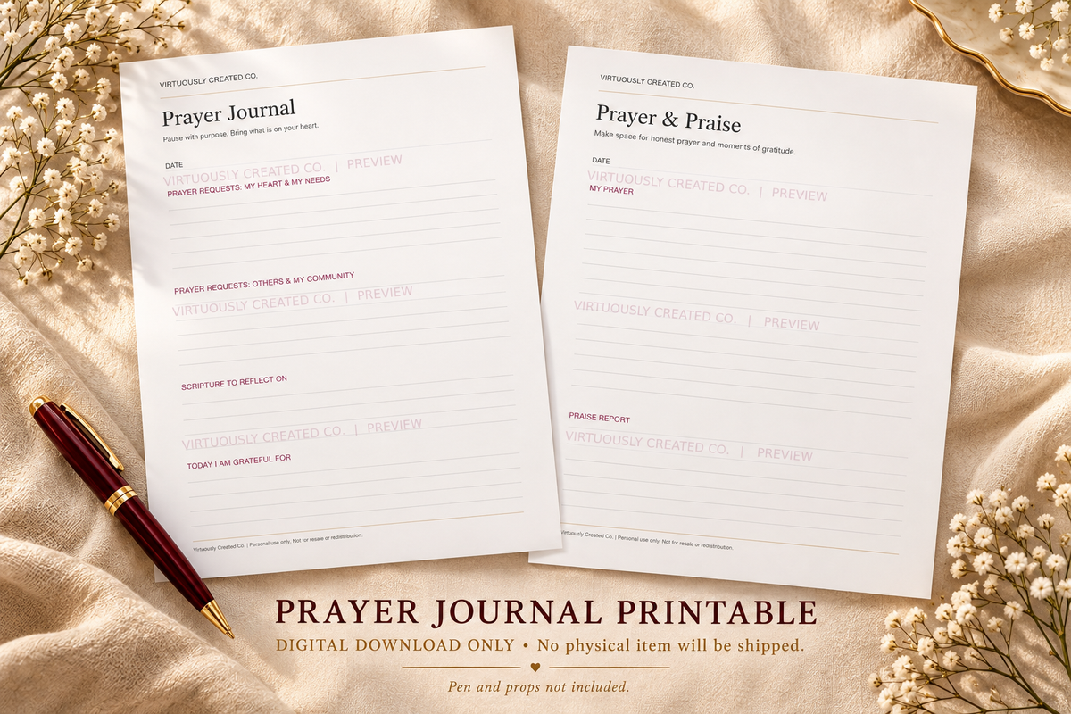 Prayer Journal printable pages in a styled scene. Digital download only; pen and props not included.