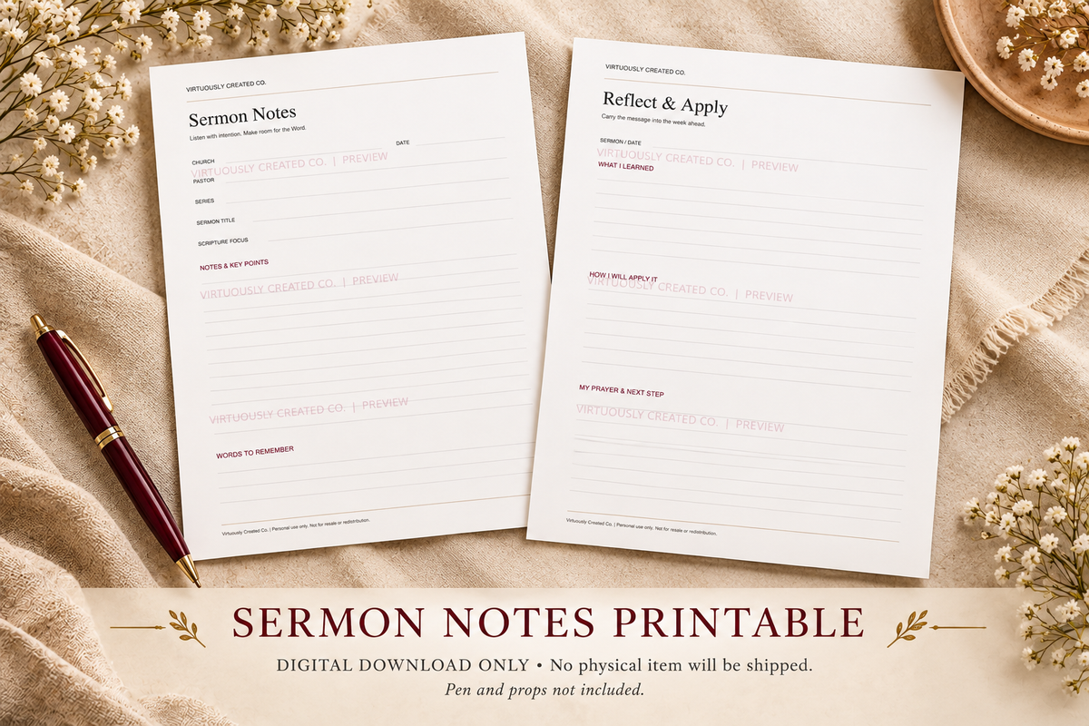 Included Sermon Notes and Reflect & Apply printable pages. Watermarked mockup; digital download only.