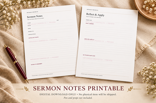 Included Sermon Notes and Reflect & Apply printable pages. Watermarked mockup; digital download only.